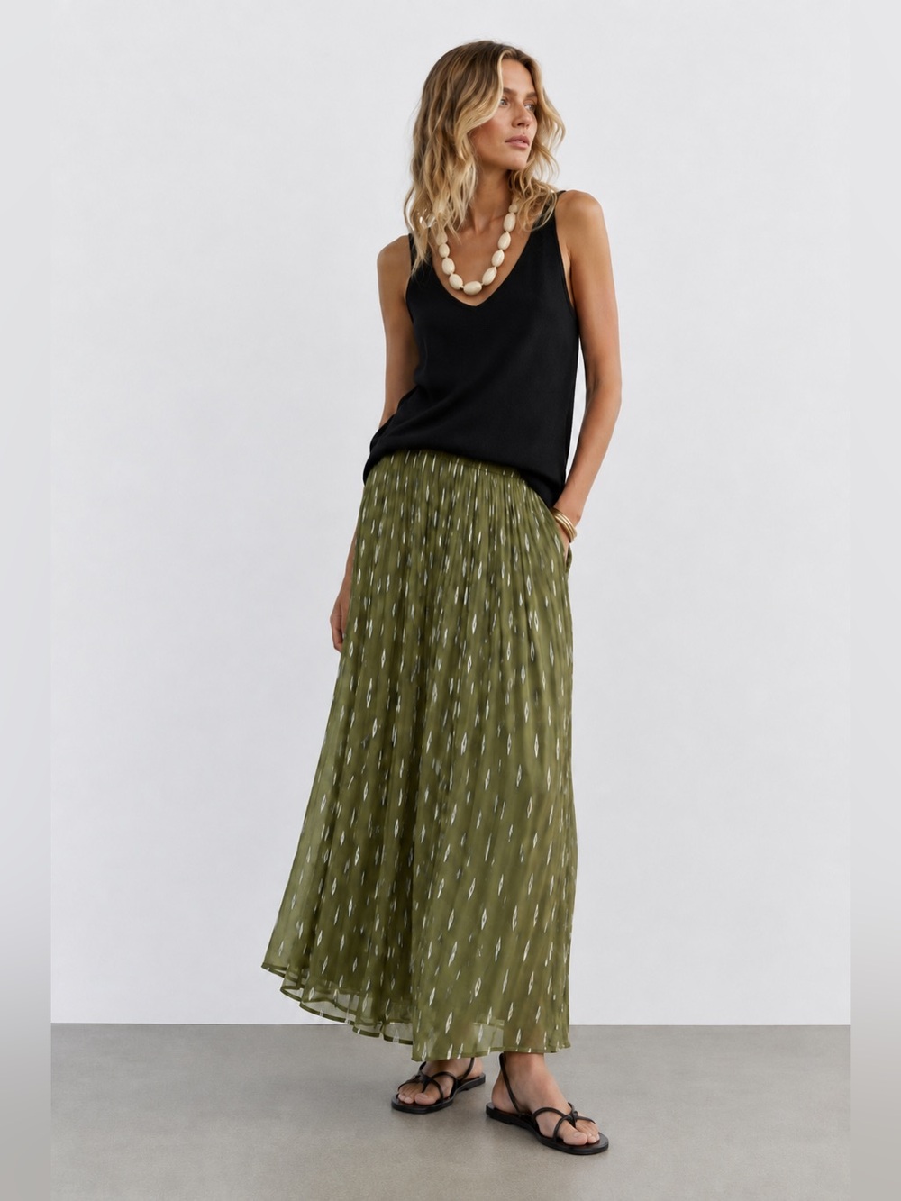 ZARA Olive Metallic Thread Flowy Boho Maxi Skirt Medium NWT
